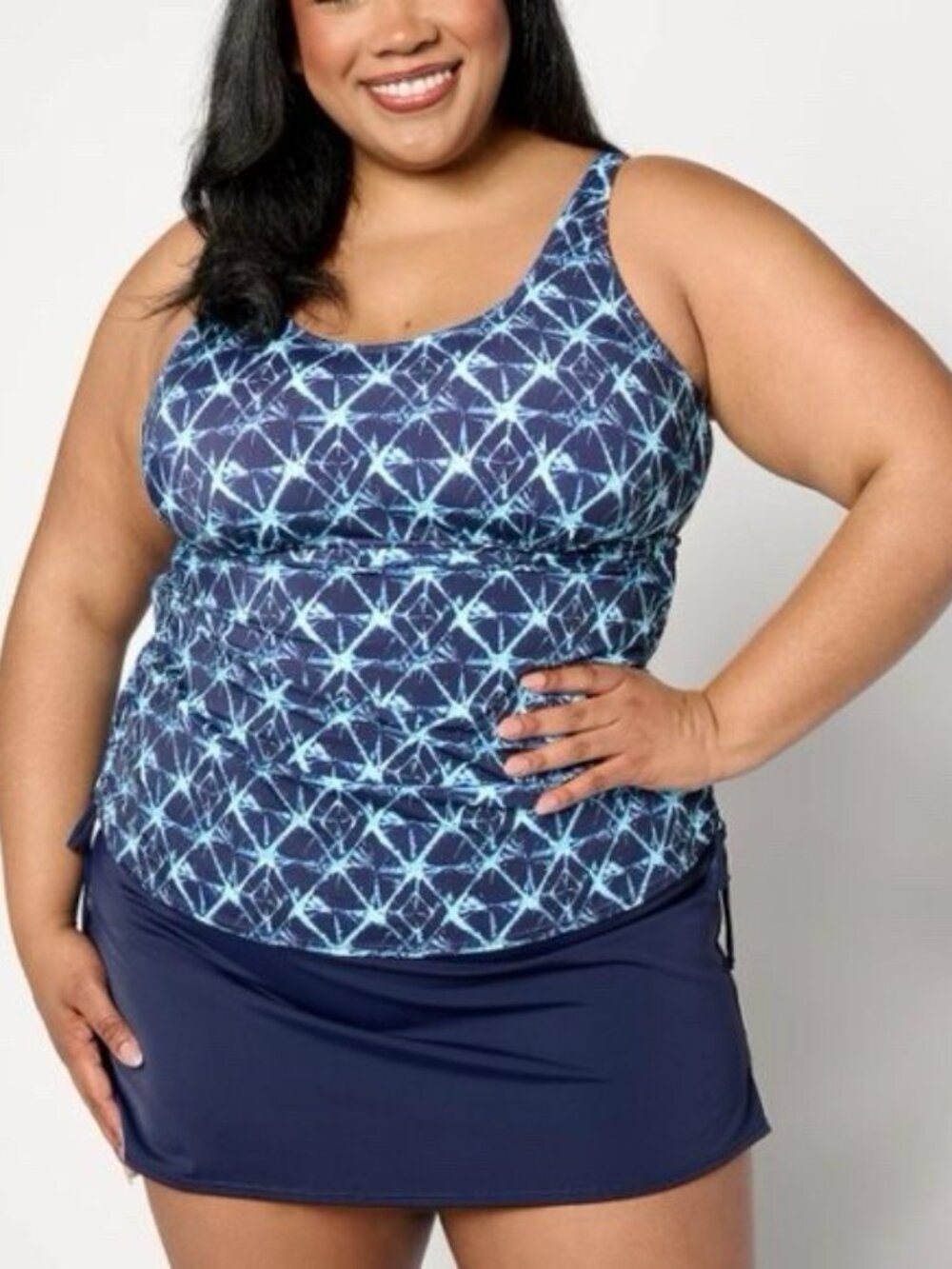 Denim & Co. Beach Size 10 Navy Blue Ruched Side One Piece Swimsuit Dress New